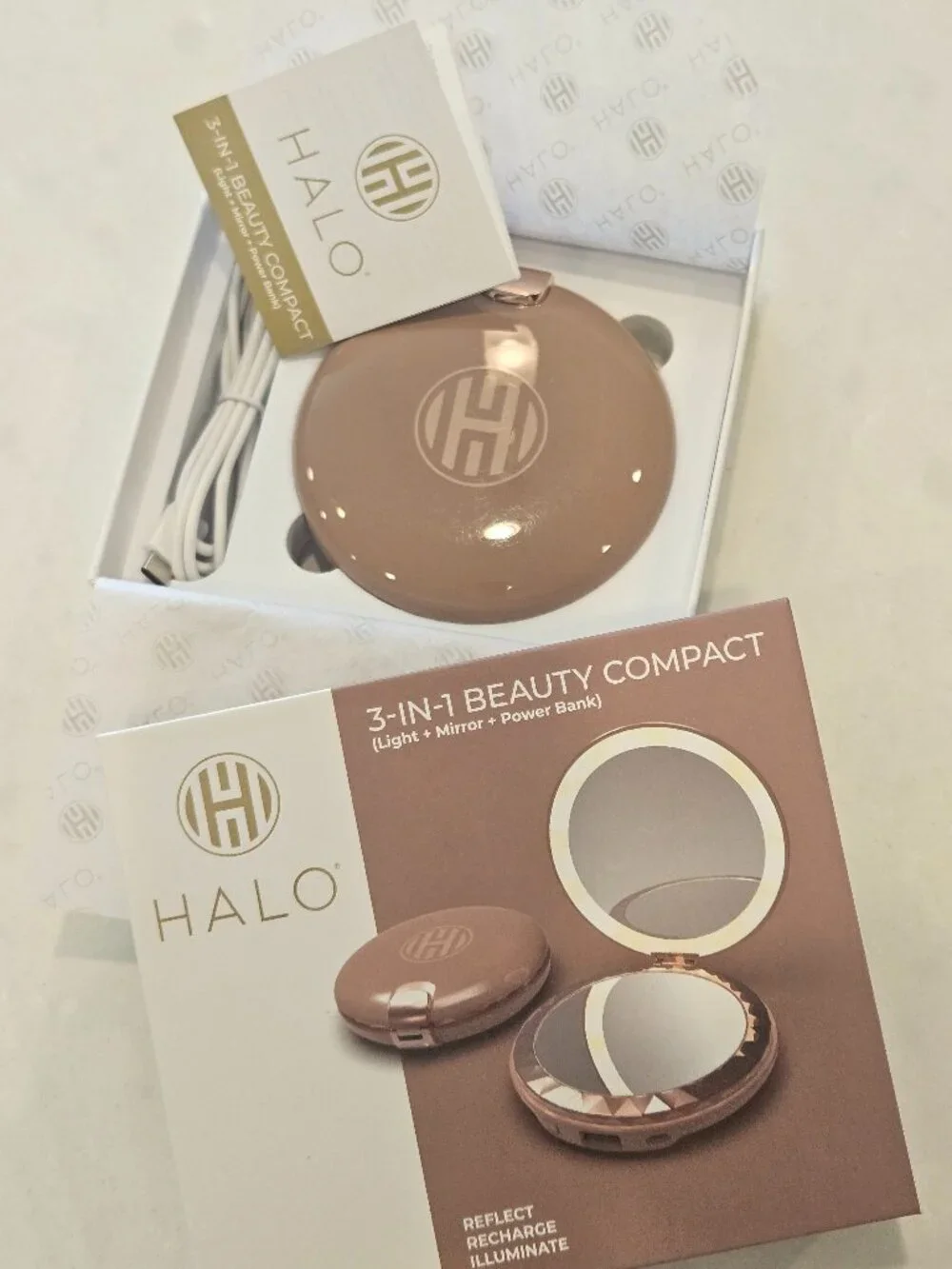 HALO Power Bank 3-in-1 Light Mirror Power Bank Compact w/ Charging Cable - Taupe